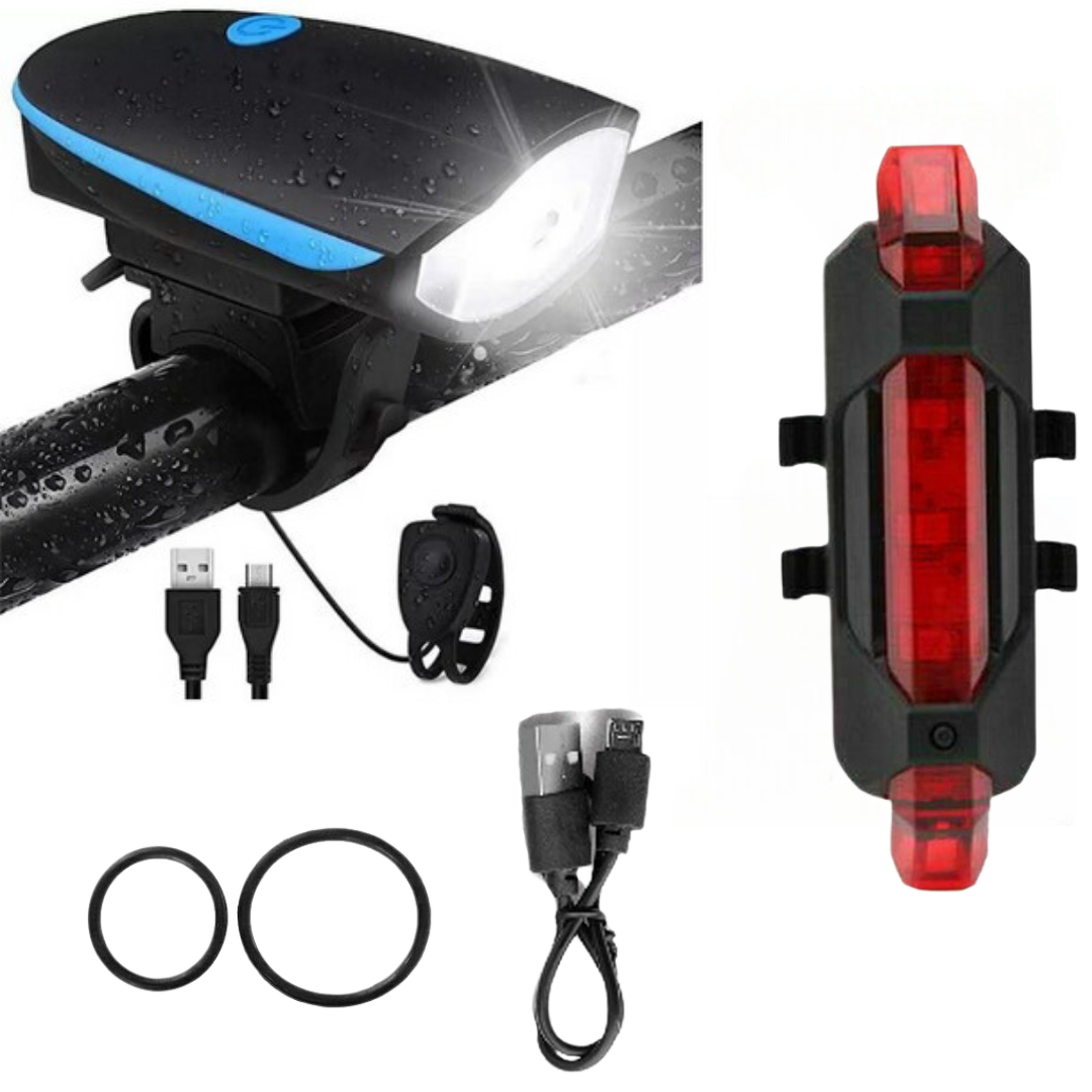 USB Rechargeable Cycle Horn with Light with USB Rechargeable Cycle tail light LED Front Rear Light Combo
