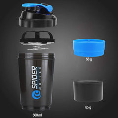 Gym Spider Shaker Plastic Bottle 500 Milliliters with Extra Compartment, and Spider Mixer (Blue)