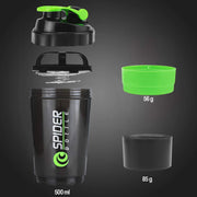 Gym Spider Shaker Plastic Bottle 500 Milliliters with Extra Compartment, and Spider Mixer (Green)