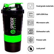 Gym Spider Shaker Plastic Bottle 500 Milliliters with Extra Compartment, and Spider Mixer (Green)