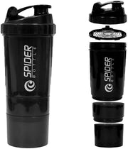 Gym Spider Shaker Plastic Bottle 500 Milliliters with Extra Compartment, and Spider Mixer (Black)