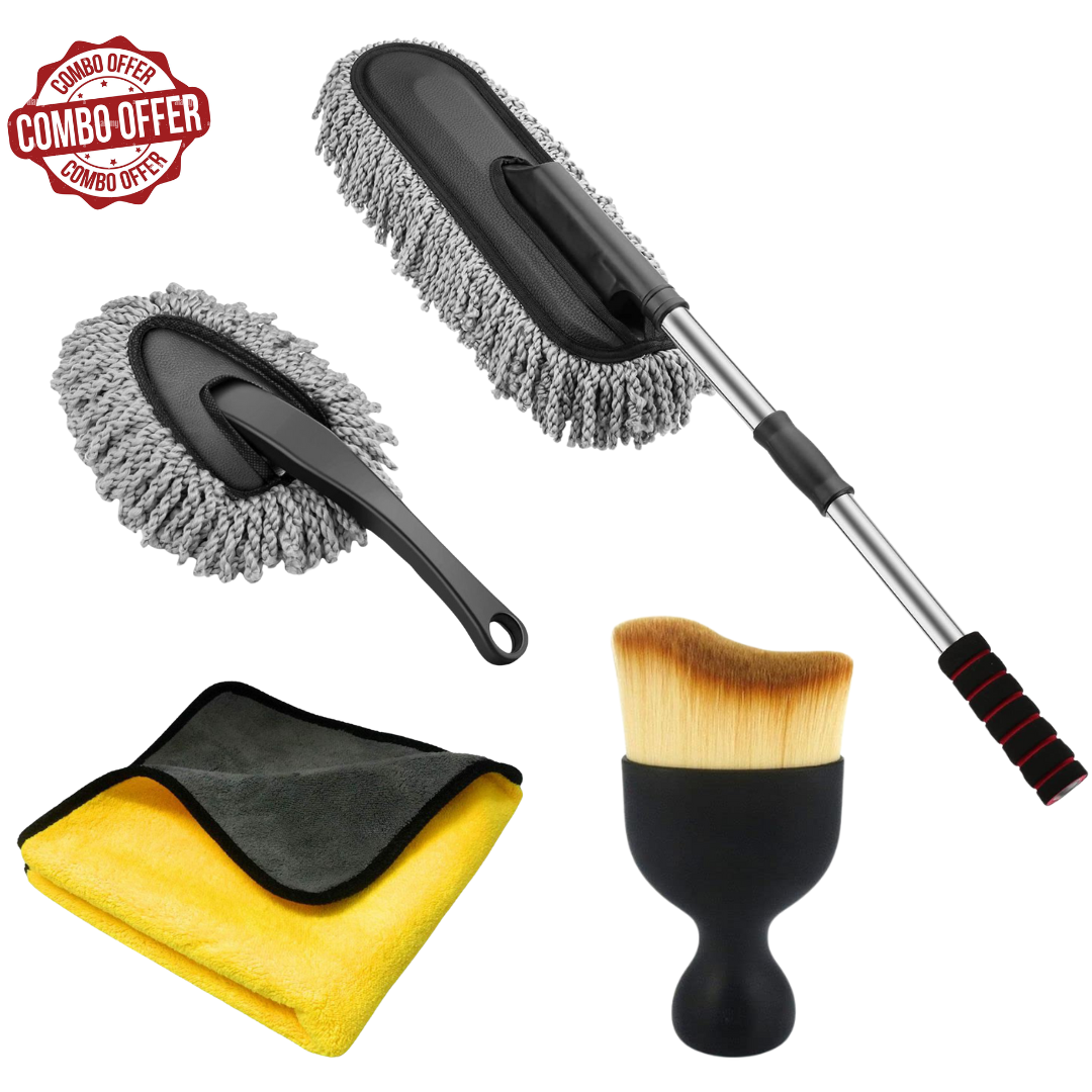 Progience Combo 4 PCS car cleaning kit Microfiber Car Duster Interior & Exterior Car Cleaning Detailing Tool Scratch & Lint Free, Pollen Removing Extendable Long Handle Duster for Car & Motorcycle car Accessories