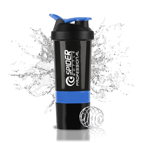 Gym Spider Shaker Plastic Bottle 500 Milliliters with Extra Compartment, and Spider Mixer (Blue)